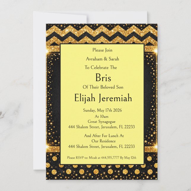 Invitation Brit Milah, Pailletés Rayures pois noirs Or  (Devant)