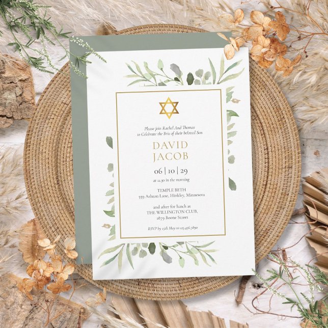 Invitation Brit vert Milah Juif Baby Naming (Greenery Brit Milah Jewish Baby Naming Invitation)