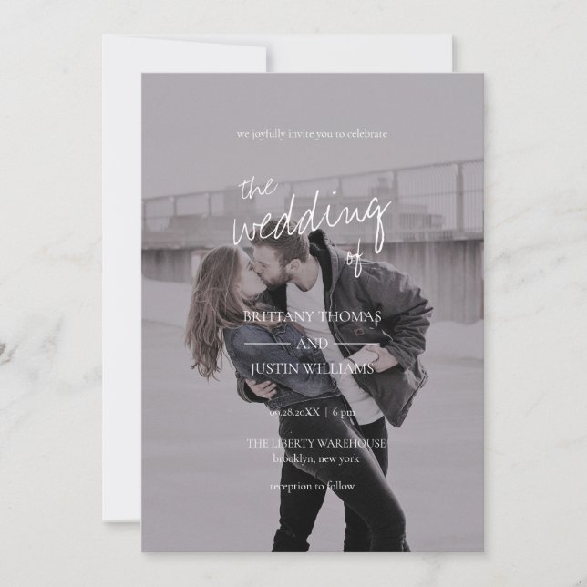 Invitation Brittany Modern Elegant White Script Mariage photo (Devant)