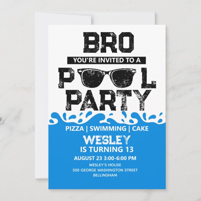 Invitation BRO Blue Pool Party Boy Birthday (Devant)