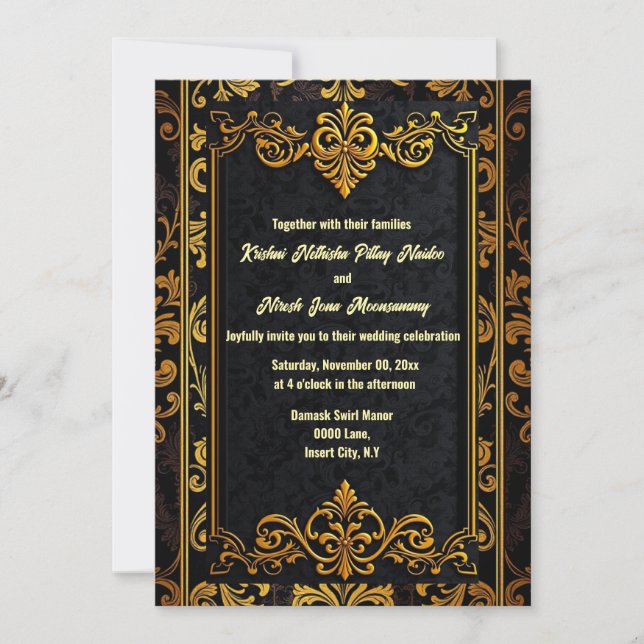 Invitation Brocade damassé or noir élégant mariage orné (Devant)