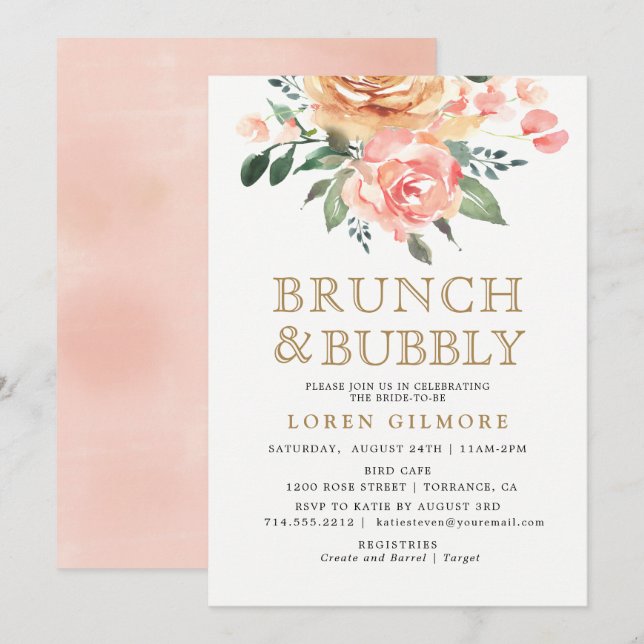 Invitation Broche d'or Floral Bridal Brunch Douche (Devant / Derrière)