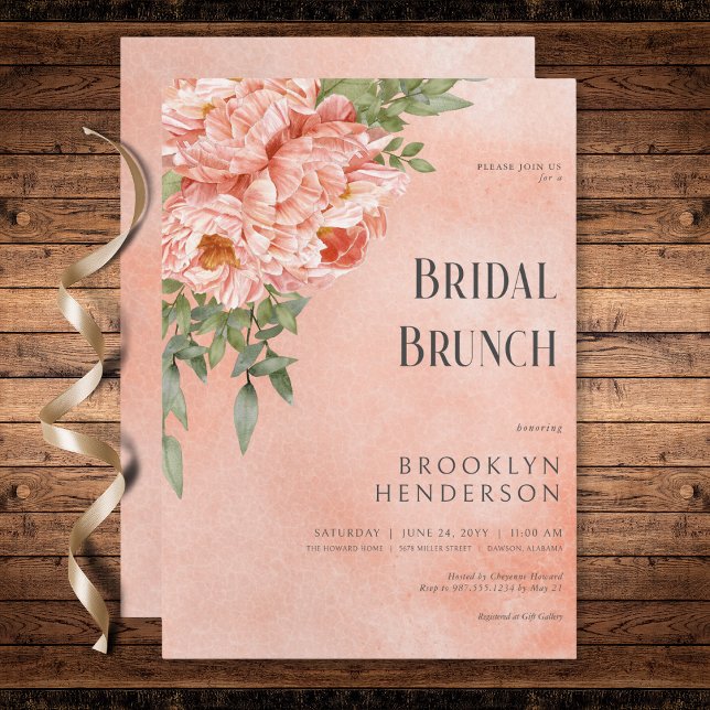 Invitation Broche moderne tourbe pivoines florales Brunch nup (Modern Blush Peach Peonies Floral Bridal Brunch Invitation)