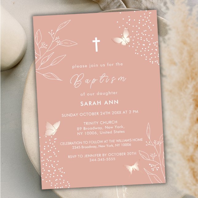 Invitation Brocher Feuille élégant papillon Croix Baptême (Peach Elegant Leave Butterfly Cross Baptism Invitation)