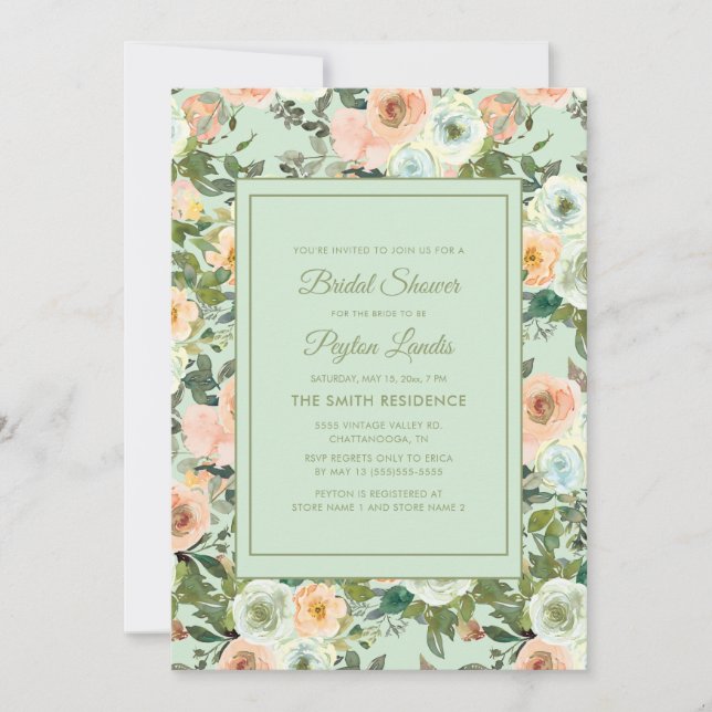 Invitation Brocher Neo Mint Dusty Blue Floral Fête des mariée (Devant)