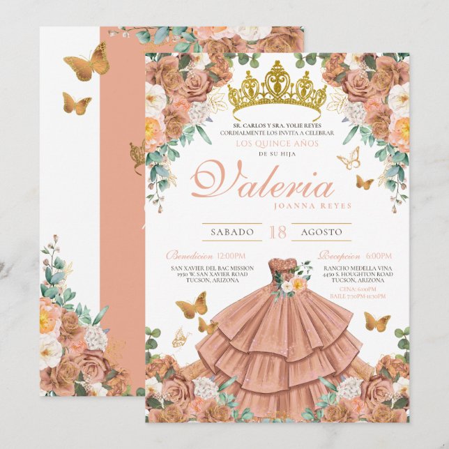 Invitation Brocher Rosegold Brousse papillon Quinceanera (Devant / Derrière)