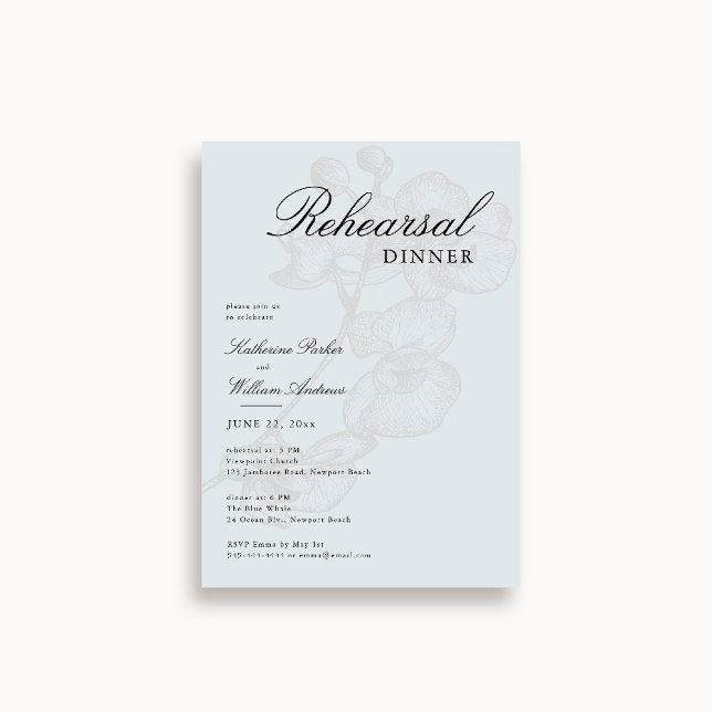 Invitation Brochure classique moderne Croquis Dîner de répéti (wedding rehearsal invitation something blue orchid sketch botanical modern classic elegant script)