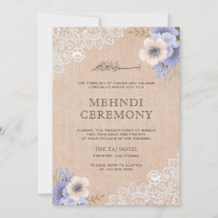 Invitation Brodé de dentelle de jute rustique Fleurs violette