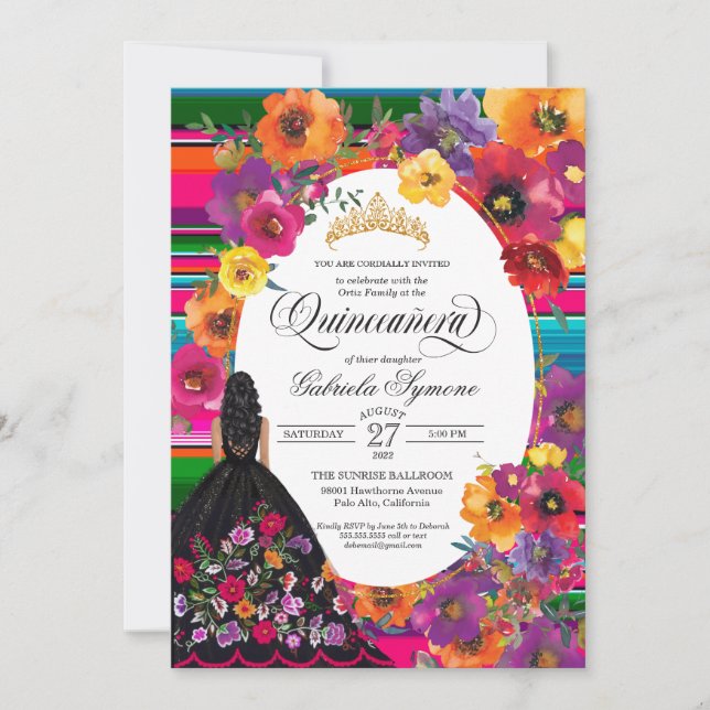 Invitation Broderie d'aquarelle Floral Serape Quinceañera (Devant)