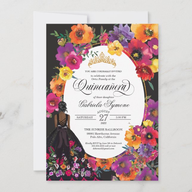 Invitation Broderie florale Aquarelle Fleurs Quinceanera I (Devant)