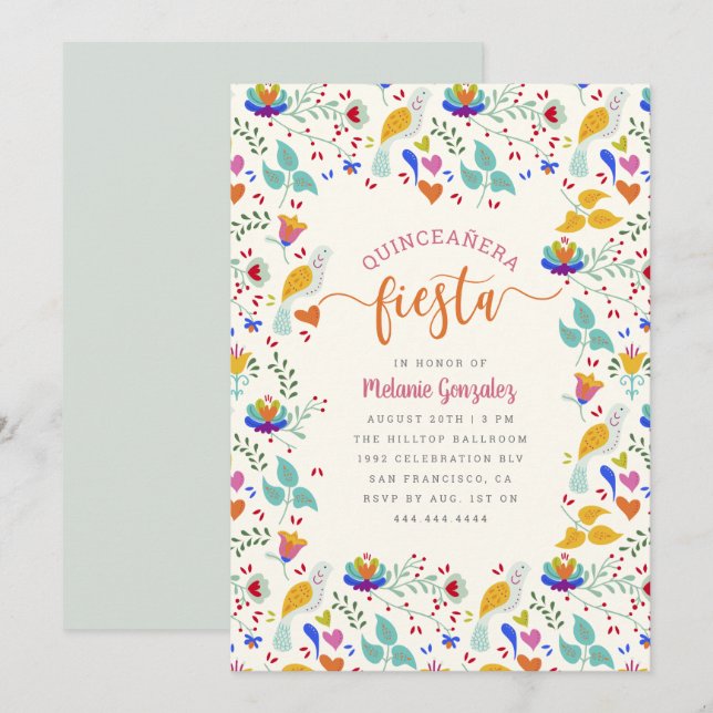 Invitation Broderie florale mexicaine Quinceañera Fiesta (Devant / Derrière)