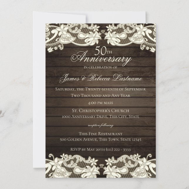 Invitation Broderie Florale Vintage Rustique 50e Anniversaire (Devant)