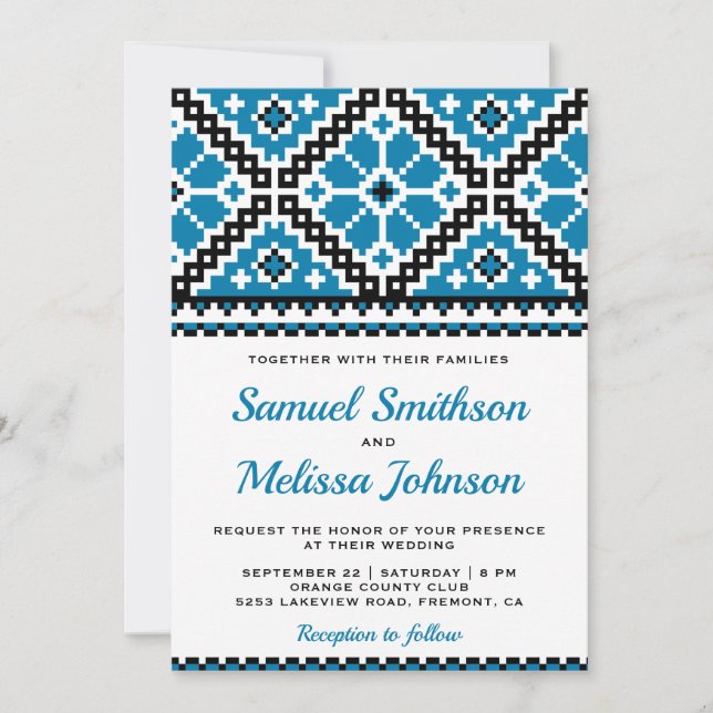 Invitation Broderie Noir Bleu Mariage Ukrainien (Devant)