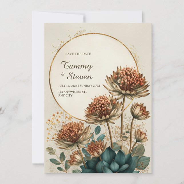Invitation Bronze Astrantia Sarcelle Botanique Mariage (Devant)
