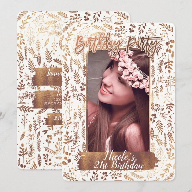 Invitation Bronze Cuivre Or moderne fête d'anniversaire Photo (Devant / Derrière)