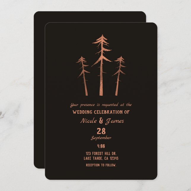 Invitation Bronze de cuivre grands pins Mariage rustique (Devant / Derrière)