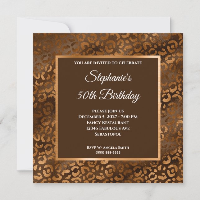 Invitation Bronze et Brun Feuille de Léopard Glam 50e Anniver (Devant)