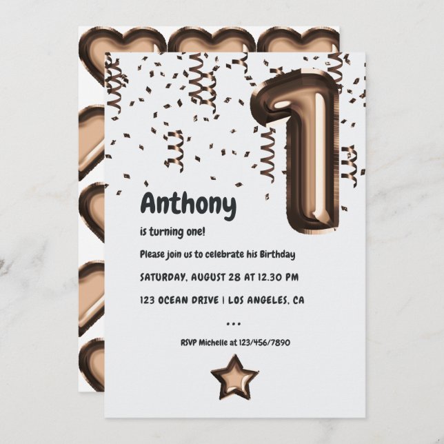 Invitation Bronze Faux Foil Balloon 1er anniversaire Invitati (Devant / Derrière)