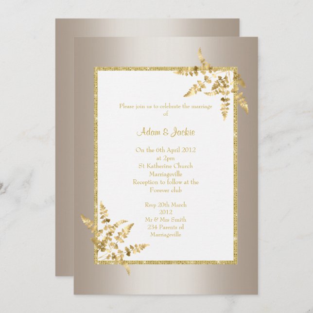 INVITATION BRONZE FEUILLE D'OR BLANC ÉLÉGANT MARIAGE CLASSÉ (Devant / Derrière)