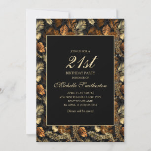 Invitation Bronze Gold Black Feuilles 21ème anniversaire fête