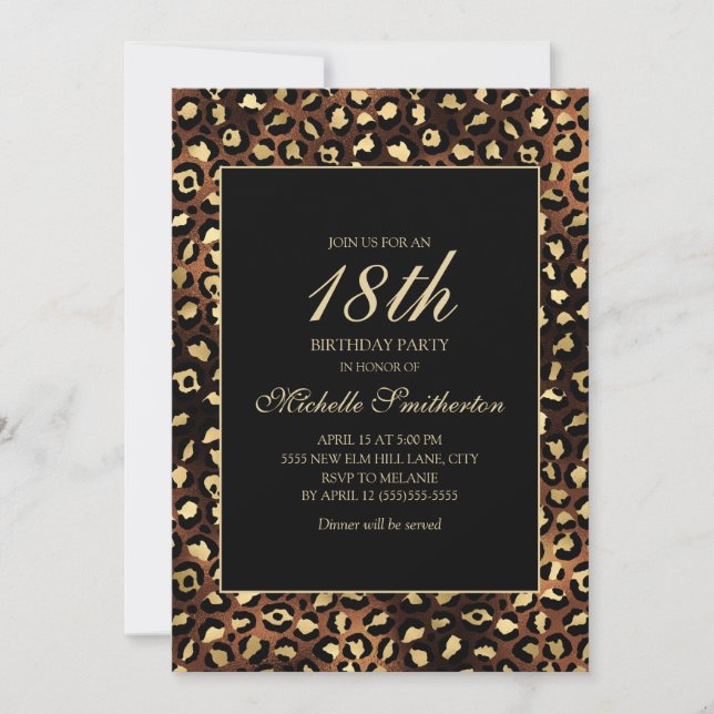 Invitation Bronze Gold Black Leopard 18ème anniversaire fête (Devant)