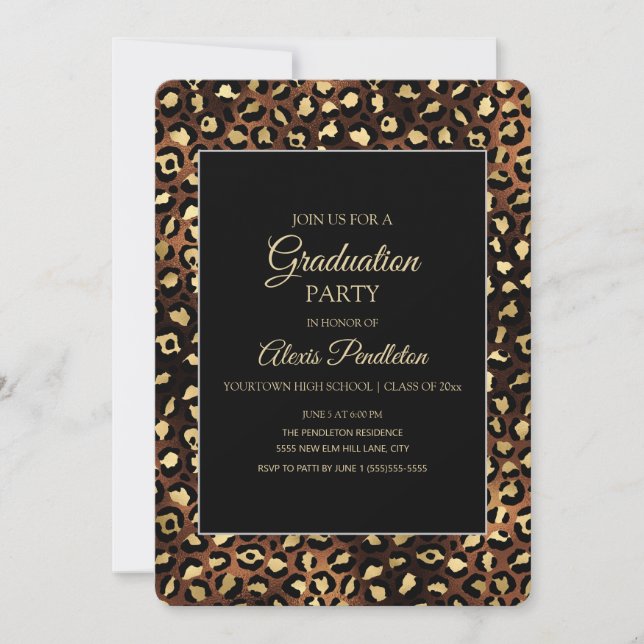 Invitation Bronze Gold Black Leopard Cheetah Graduation Party (Devant)