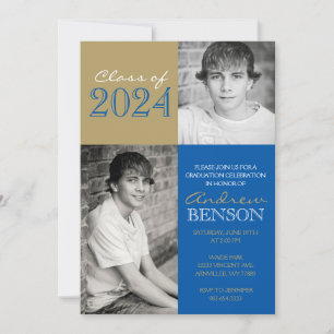 Invitation Bronze Gold & Royal Blue 2 Photo Graduation