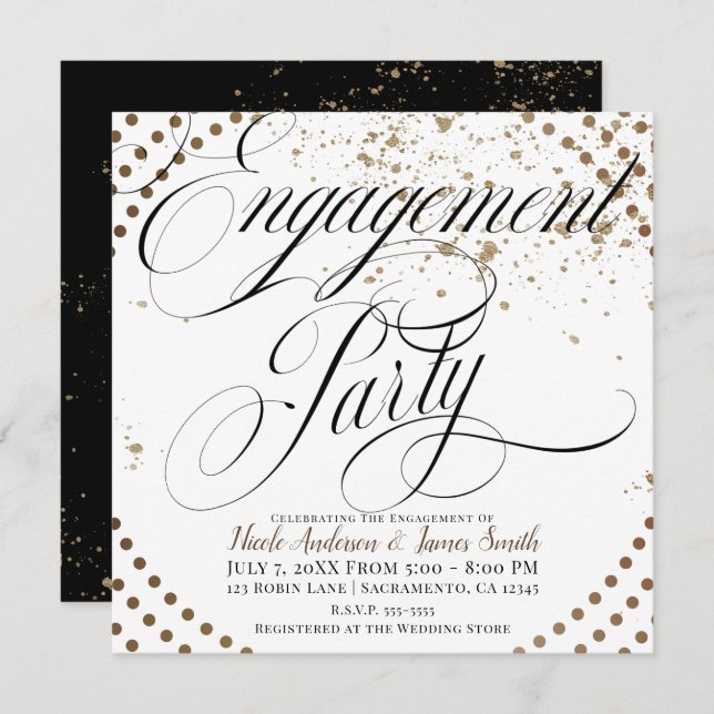 Invitation Bronze Noir moderne Chic Mariage Partie d'engageme (Devant / Derrière)