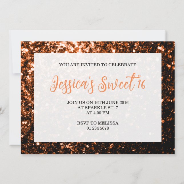 Invitation Bronze orange étincelles Sweet 16 élégant script (Devant)