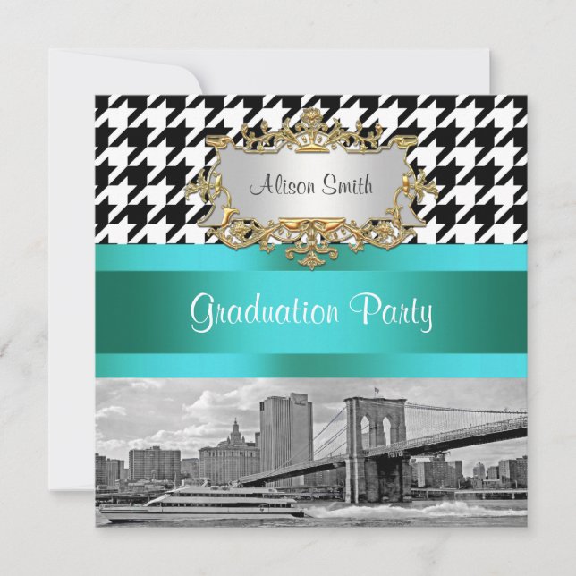 Invitation Brooklyn Bridge Blk Wht Houndstooth 2 Graduation (Devant)