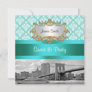 Invitation Brooklyn Bridge Turquoise Blanc Damask Sweet 16