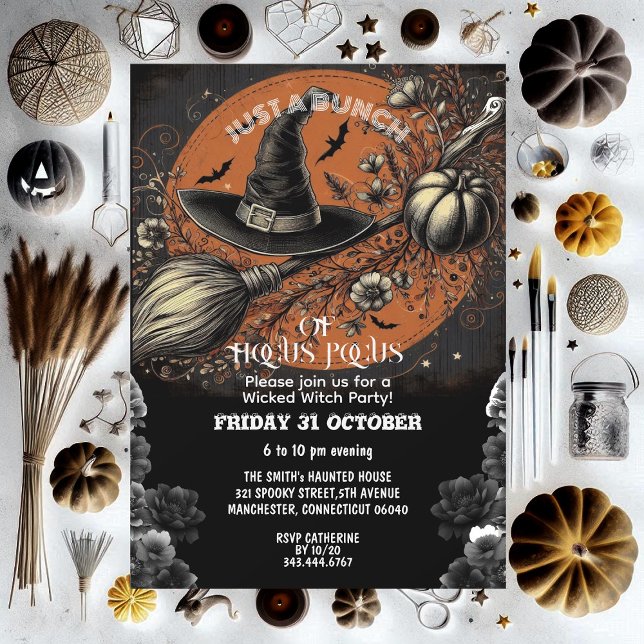 Invitation Broomstick Chapeau Hocus Pocus Fête Sorcière Vinta (Hocus Pocus Broom Hat Vintage Wicked Witch Party Invitation)