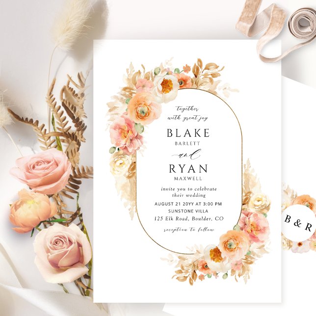 Invitation Brosse et crème Oval avec Mariage Monogram (Créateur téléchargé)