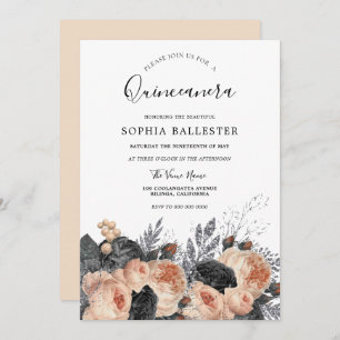 Invitation Brosse et Fleurs noires Élégante Quinceanera