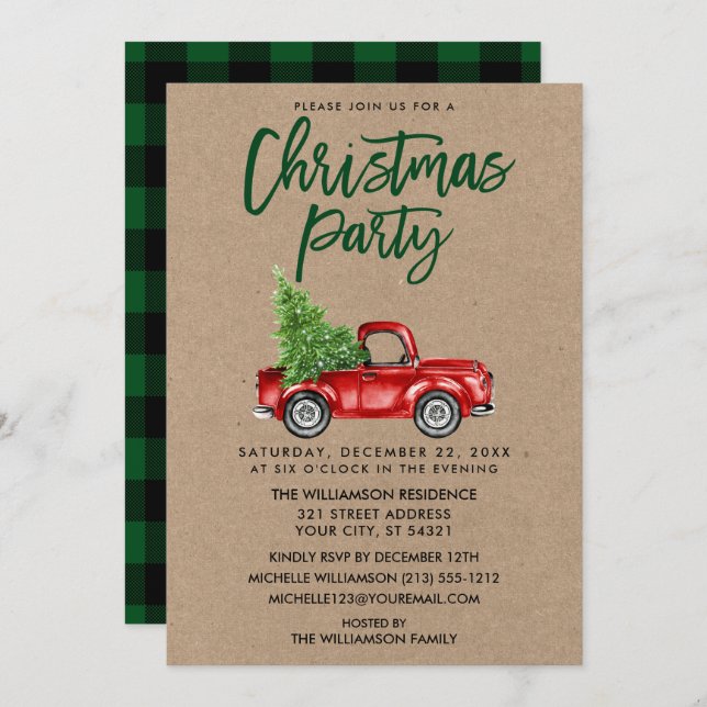 Invitation Brosse Kraft Script Camion Plaid Christmas Party G (Devant / Derrière)