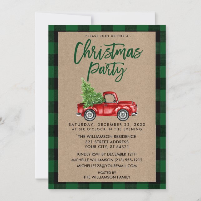 Invitation Brosse Kraft Script Camion Plaid Christmas Party G (Devant)