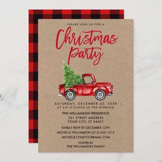 Invitation Brosse Kraft Script Camion Plaid Christmas Party R (Devant / Derrière)