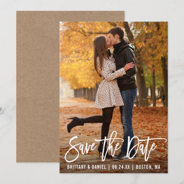 Invitation Brosse Moderne Script Photo Kraft Enregistrer La C (Devant / Derrière)