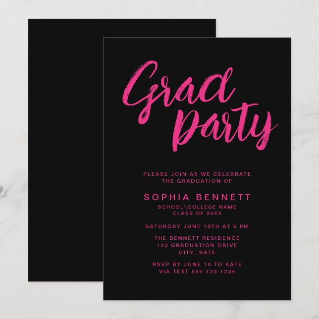 Invitation Brosse moderne tendance Script Black & Pink Grad P (Devant / Derrière)