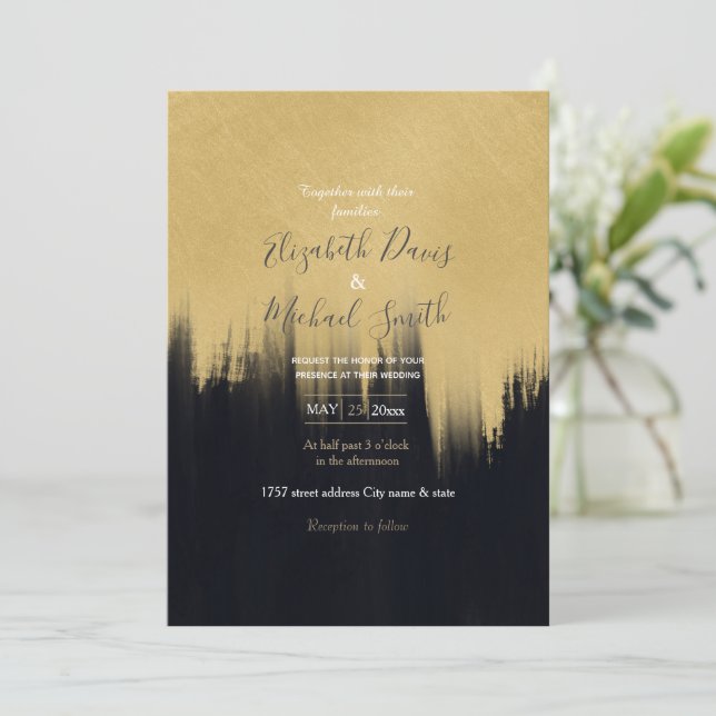 Invitation Brosse moderne traits Gold Black Design (Debout devant)