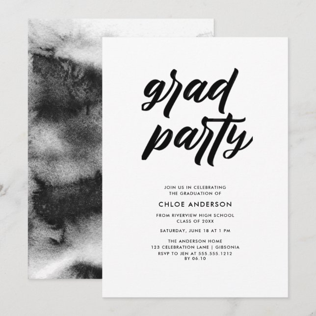 Invitation Brosse noire moderne Script Photo Graduation Party (Devant / Derrière)