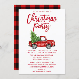 Invitation Brosse rouge Script Camion Plaid Christmas Party
