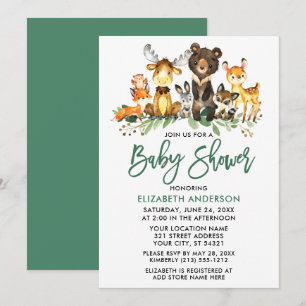 Invitation Brosse Script Aquarelle Bois Animaux Douche