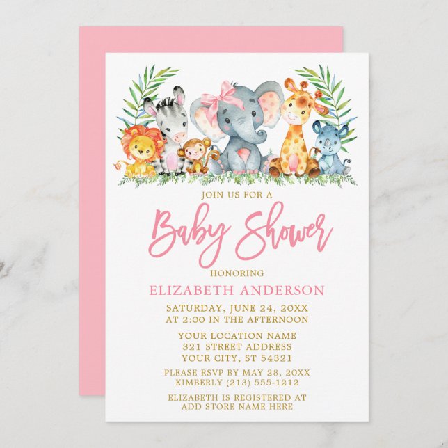 Invitation Brosse Script Safari Animaux Baby shower de la cav (Devant / Derrière)