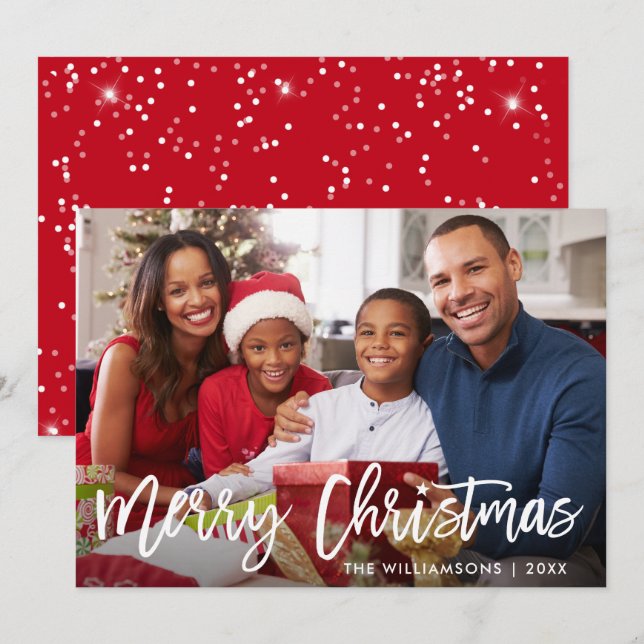 Invitation Brosse Script Star Merry Christmas Photo Red Card (Devant / Derrière)