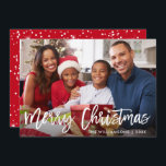 Invitation Brosse Script Star Merry Christmas Photo Red Card<br><div class="desc">Script de pinceau moderne Star Joyeux Noël Famille Carte photo - Red Snow Back</div>