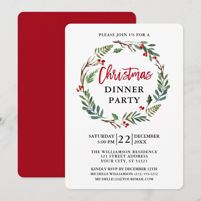 Invitation Brosse Script Watercolor Wreath Red Christmas Part (Devant / Derrière)