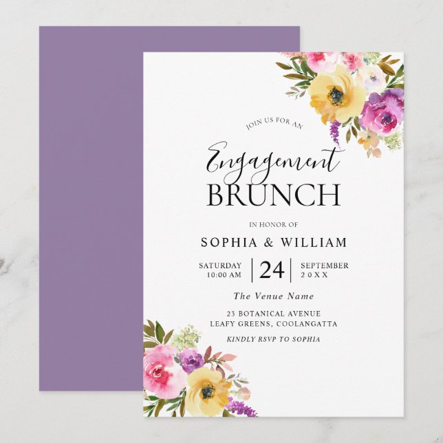 Invitation Brosse violet Fleurs violettes Engagement Fête Bru (Devant / Derrière)