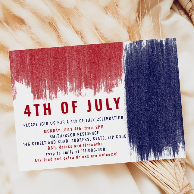Invitation Brosses bleues rouges modernes 4 juillet (Modern simple blue red brushstrokes 4th of July Invitation)