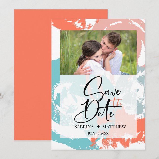 Invitation Brosses de corail turquoise Enregistrer la date3 (Devant / Derrière)
